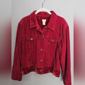 J. Jill Jacket Women's MP Red Wide Wale Corduroy Velvet Trim Button Up Trucker